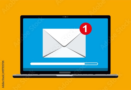 new email notification on laptop computer display screen concept, flat vector illustration