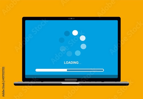 system software update and loading process concept in laptop computer screen, flat vector illustration