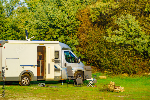 Rv caravan camping on green nature