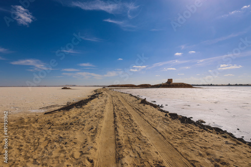 Close up View to the Road in the middle of Salt Lake Aftanas in Siwa Oasis, Egypt