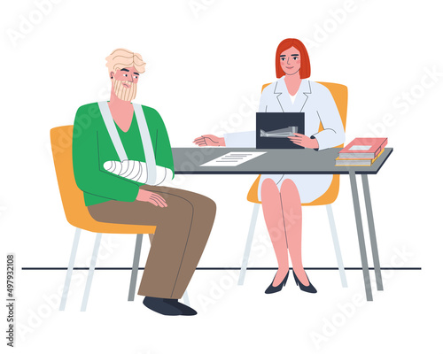 A man with a plaster cast on his arm at a doctor's appointment. Doctor showing x-ray to patient with broken arm. Flat vector illustration. Eps10