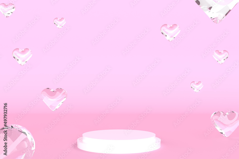 3D Render Heart Glass Floating Bubble Crystal Glass Water Ball Pink Scene Round Podium Stand Stage for Perfume Skincare Cosmetic Product Glowing Ring Line Blank Space Background Studio Advertisement