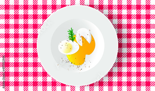 Poached eggs with rosemary and pepper on white plate. Breakfast table, top view