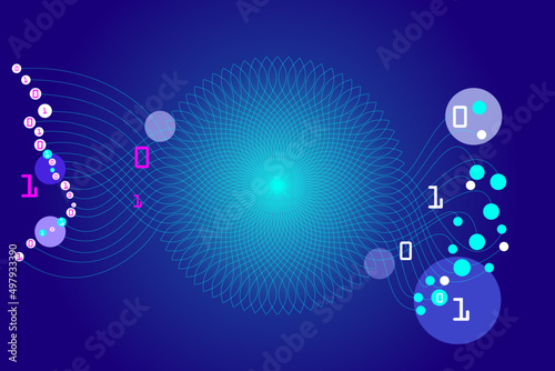 Binary code with blue background. Big data background with colorful circles. Network connection with big data. Abstract wire-frame background.