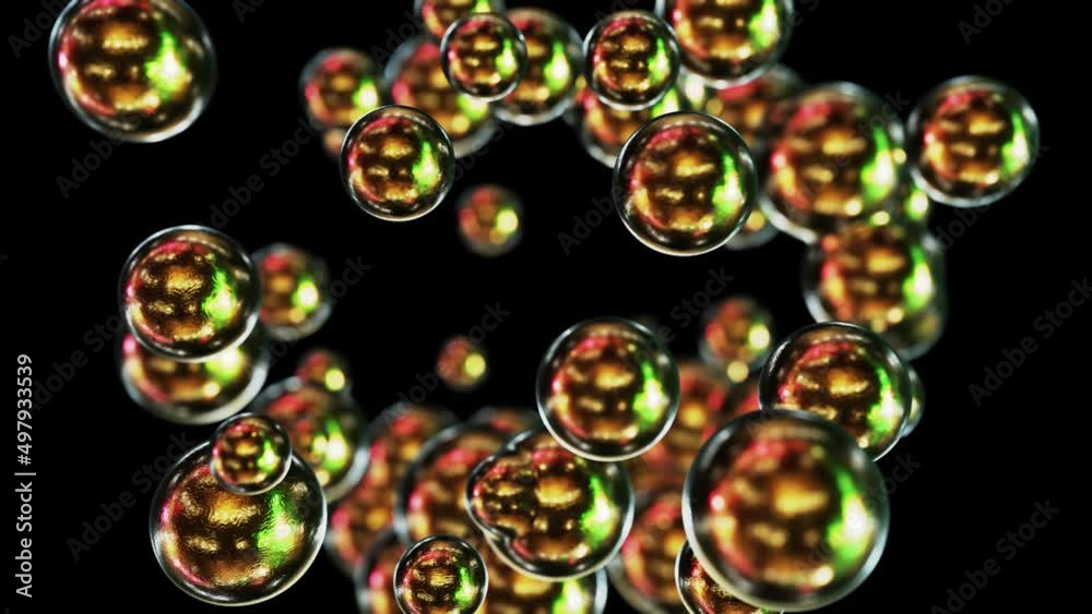 Realistic seamless looping shallow DOF 3D animation of the abstract golden metallic morphing and moving molecules rendered in UHD with alpha matte