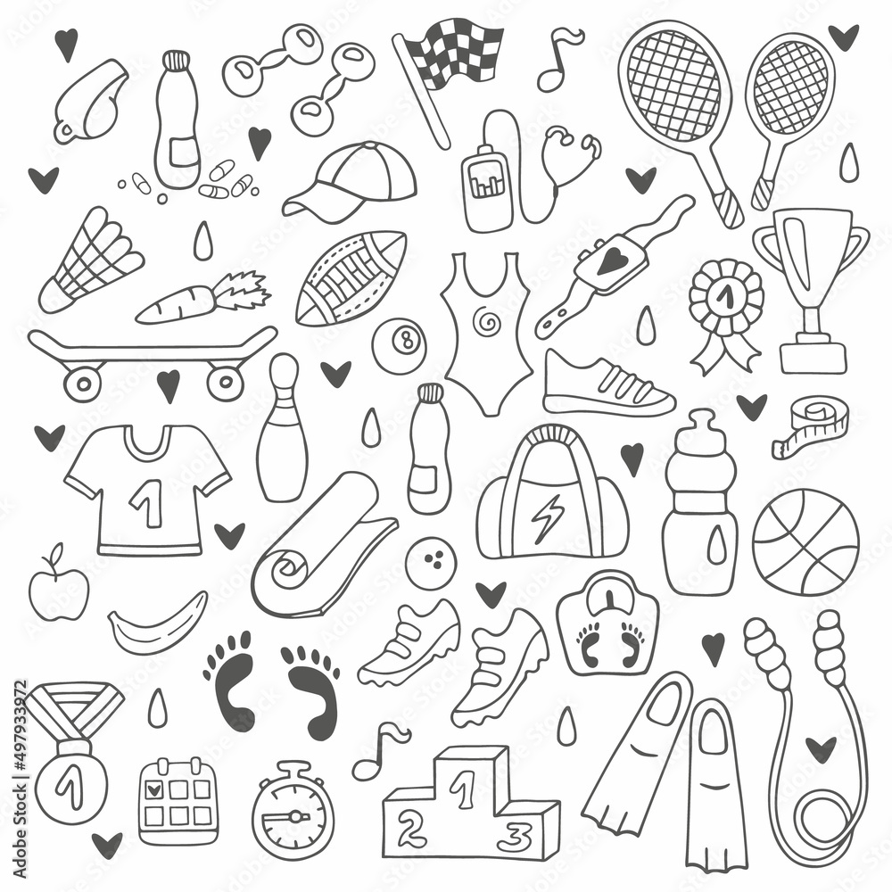 Fototapeta Hand-drawn set of sport lifestyle icons. In doodle style, black outline isolated on a white background. Cute element for card, social media banner, sticker, print, design. Vector illustration