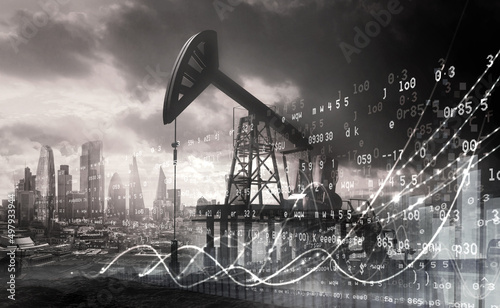 Oil pump, oil industry equipment, drilling derricks silhouette from oil field at sunset and graphs of  stock market prises rise. Energy supply crisis, power supply, energy crisis. 3D rendering photo