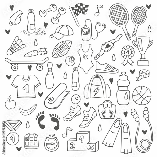 Hand-drawn set of sport lifestyle icons. In doodle style, black outline isolated on a white background. Cute element for card, social media banner, sticker, print, design. Vector illustration