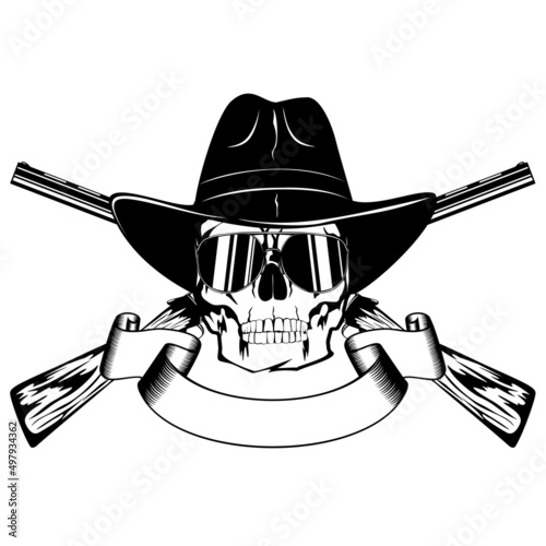 Vector illustration skull with sunglasses in cowboy hat and crossed rifles.