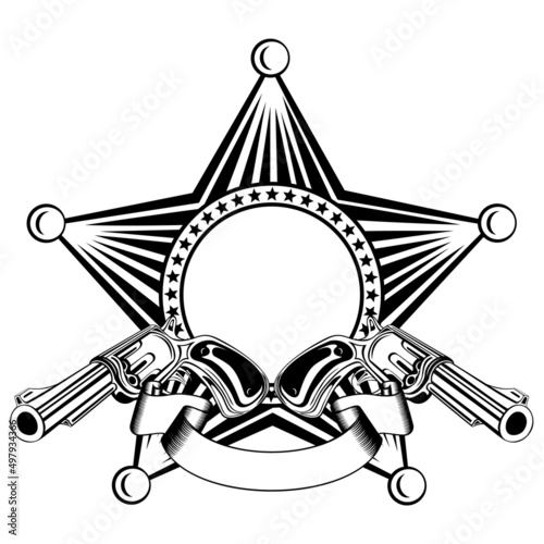 Vector illustration sheriff star frame and two revolvers.