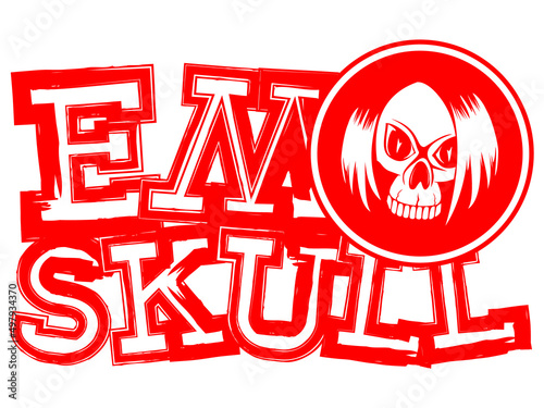 Vector illustration red inscription emo skull on white background and skull with hair. Design for print on t-shirt.