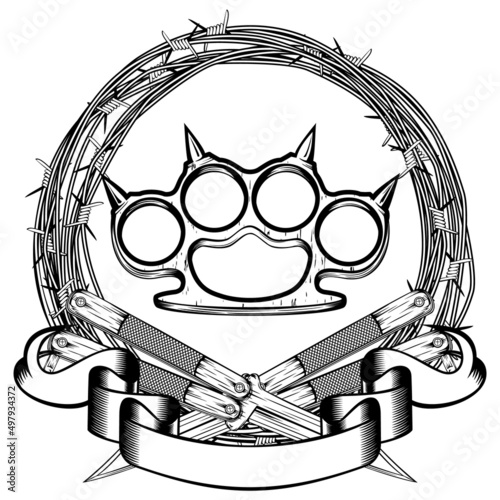 Vector illustration two crossed daggers and brass knuckle. For tattoo or t-shirt design.