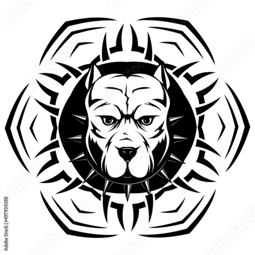 Abstract vector black and white illustration portrait of fighting dogs on round pattrn. Head of dog breed pit bull in collar with spikes. photo