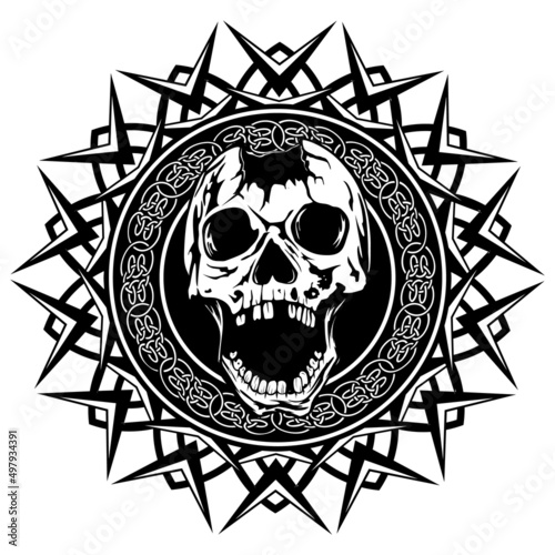 Abstract vector illustration black and white broken human skull with open jaw on round ornament with celtic knots. Design for tattoo or print t shirt.