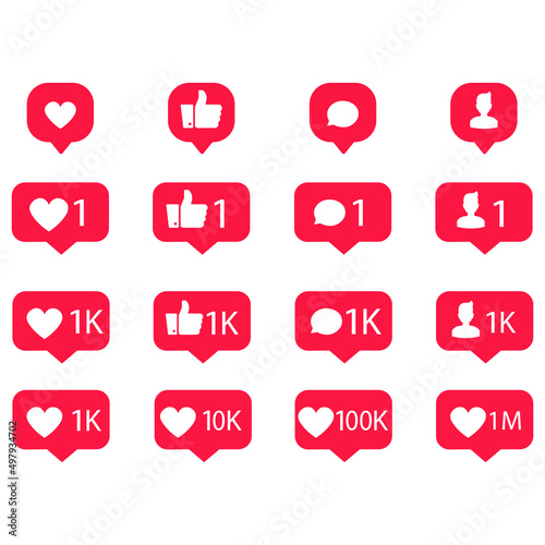 pink icon marks the number of likes subscribers messages in social networks one like one subscriber one comment thousand likes a thousand subscribers ten million likes vector graphics eps10