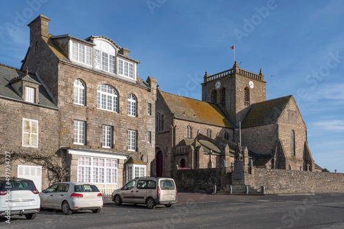 Architecture of the church and town of Barfleur in Normandy, France 