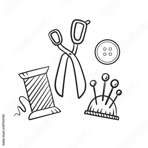Sewing kit in doodle style. Line vector illustration.