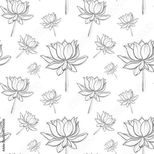 Seamless pattern with the image of a lotus with black lines. Minimalist floral pattern. Patterns for textiles  bedding  fabrics  wallpaper. Print for wrapping paper.