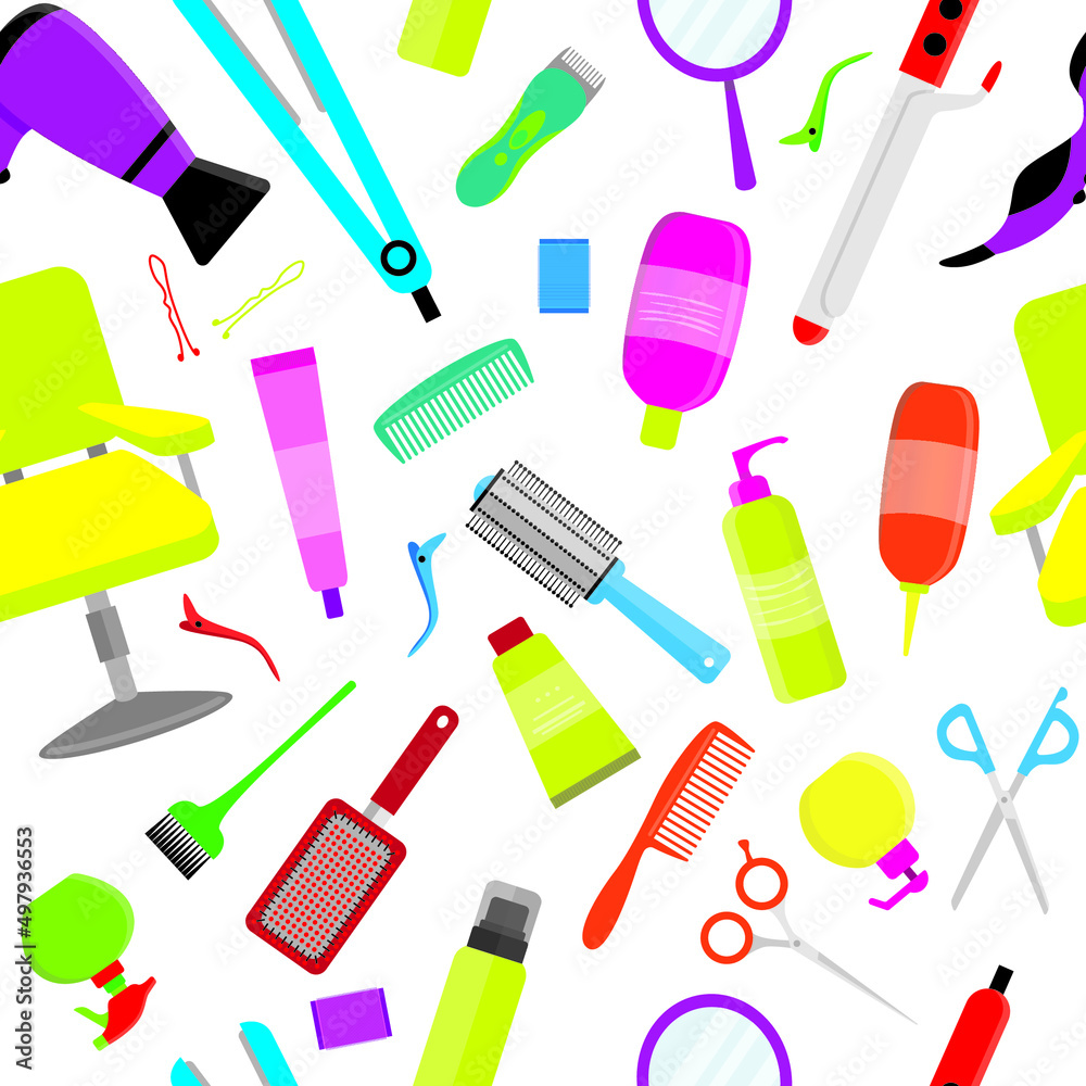 Colorful hair styling tools kit collection seamless pattern. Accessories, shampoo, comb, hair curler, hairdryer, hair straightener, hairbrush, hairspray, mirror, hairpins ecc. Colorful hair styling tools kit collection seamless pattern. Accessories, shampoo, comb, hair curler, hairdryer, hair straightener, hairbrush, hairspray, mirror, hairpins ecc.