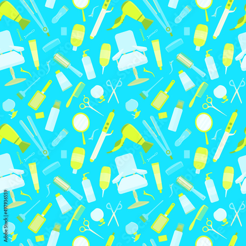 Colorful hair styling tools kit collection seamless pattern. Accessories, shampoo, comb, hair curler, hairdryer, hair straightener, hairbrush, hairspray, mirror, hairpins ecc.