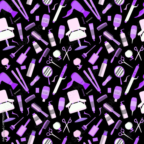 Colorful hair styling tools kit collection seamless pattern. Accessories, shampoo, comb, hair curler, hairdryer, hair straightener, hairbrush, hairspray, mirror, hairpins ecc.