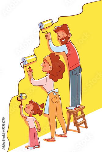 Family together makes repairs in the house. Wall painting. Colorful cartoon characters. Funny vector illustration. Isolated on white background