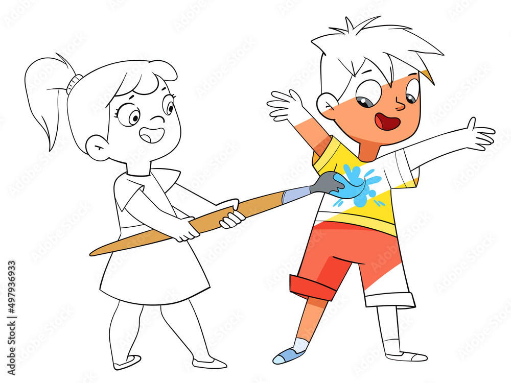 Black and white girl paints the boy in all colors with a big magic brush. Concept drawing for a coloring book. Colorful cartoon characters. Funny vector illustration. Isolated on white background Black and white girl paints the boy in all colors with a big magic brush. Concept drawing for a coloring book. Colorful cartoon characters. Funny vector illustration. Isolated on white background