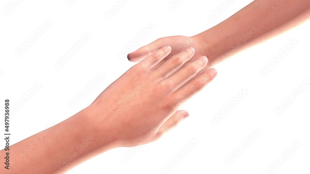 Two human hands reaching out to each other isolated on white background. Concept of people social connection and psychology relations. 3d digital animation. Two human hands reaching out to each other isolated on white background. Concept of people social connection and psychology relations. 3d digital animation.