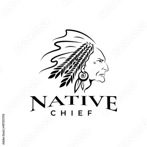 Logo illustration Native American Indian tribal chief profile, design template, symbol