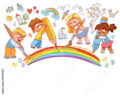Group of little children draw rainbow together with large school supplies. Colorful cartoon characters. Funny vector illustration. Template for design. Isolated on white background