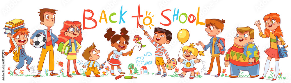 Group of children of different ages and nationalities draw doodles. Write  text Back to school. Colorful cartoon characters. Funny vector  illustration. Isolated on white background. Seamless panorama Stock Vector  | Adobe Stock