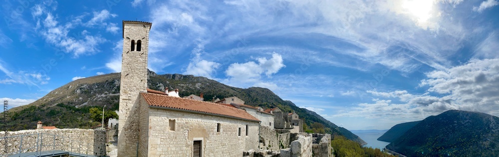 panoramic view of Plomin channel and bell tower,  Istria, Croatia