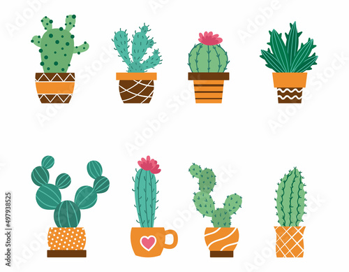 A set of lovely and beautiful potted cacti. Vector indoor cacti. Illustration for a postcard