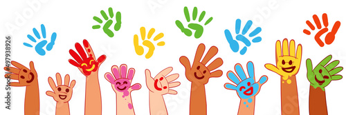Kids hands in colorful paint with smiles. Colorful cartoon characters. Funny vector illustration. Panoramic banner. Isolated on white background