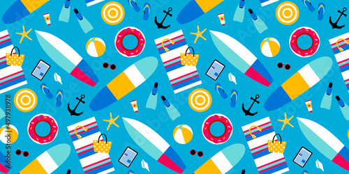 Summer vacation pattern with beach funny objects on blue background. Summertime beach games icon  vector illustration.