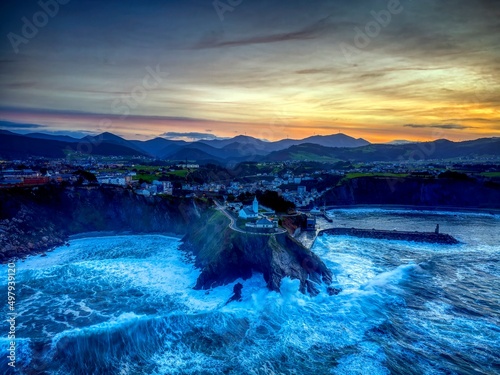 Aerial view with drone of Luarca in Asturias at sunset. Spain photo