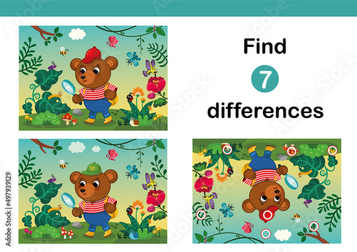 Find 7 differences educational game with a cute cartoon bear character. Vector illustration.