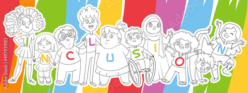 Children inclusion. Colorful cartoon characters. Funny vector illustration