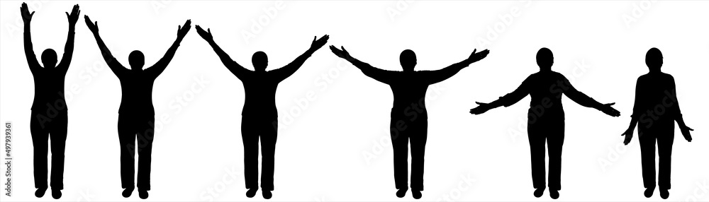 An older woman slowly raises her hands up. Six human poses for arm movement animation. Sport. Charging for an older person. Raising two hands up. Black female silhouettes are isolated on a white.