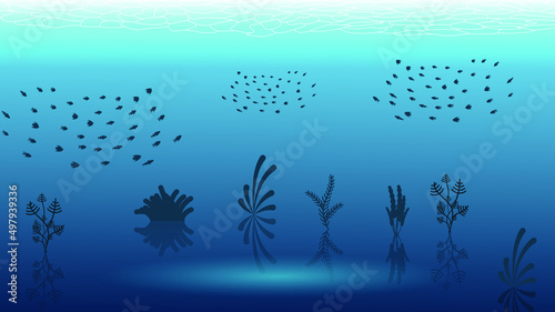 Abstract Blue Underwater Ocean Sea Nature Background Vector With Fishes And Shadows Seaweed Vector Design Style