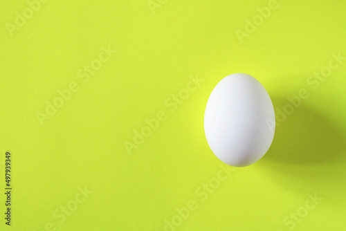 White chicken egg on a yellow background