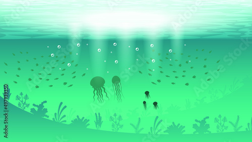 Abstract Blue Underwater Ocean Sea Nature Background Vector With Jellyfish Fishes And Shadows Seaweed Vector Design Style