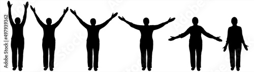 An older woman slowly raises her hands up. Six human poses for arm movement animation. Sport. Charging for an older person. Raising two hands up. Black female silhouettes are isolated on a white.