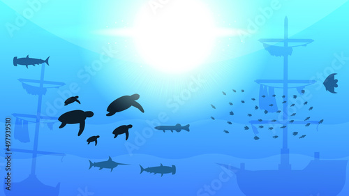 Abstract Blue Underwater Ocean Sea Nature Background Vector With Turtles, Fishes, Ships And Shadows Seaweed Vector Design Style