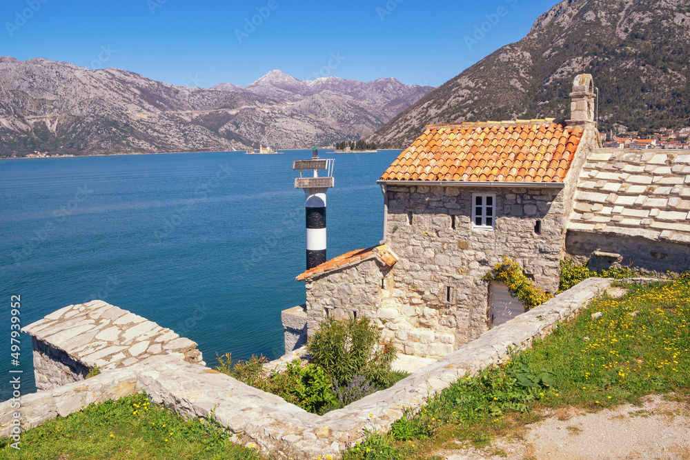 Beautiful Mediterranean landscape. Montenegro, Adriatic Sea. View of Kotor Bay and ancient Church of Our Lady of Angels