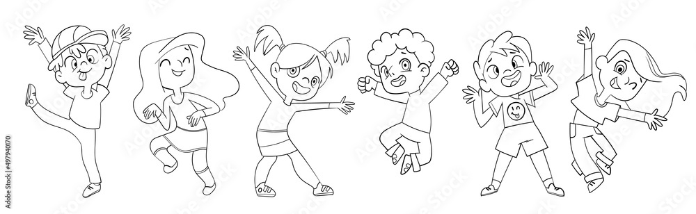 Jumping, grimacing and dancing children. Cartoon characters. Black and white. Funny vector illustration. Isolated on white background. Seamless panorama. Set Jumping, grimacing and dancing children. Cartoon characters. Black and white. Funny vector illustration. Isolated on white background. Seamless panorama. Set