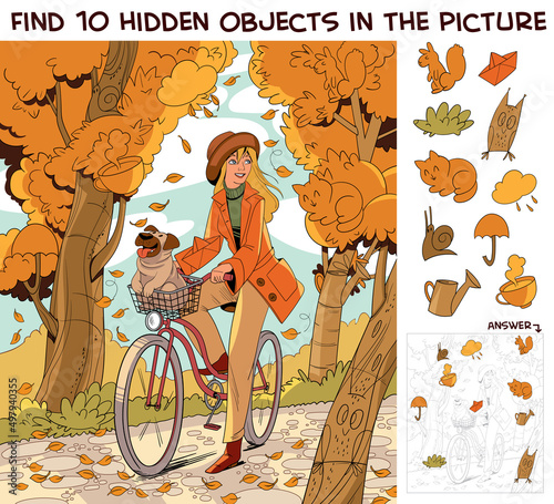 Girl riding a bike in autumn park. Find 10 hidden objects in the picture. Puzzle Hidden Items. Funny cartoon character. Vector illustration. Set