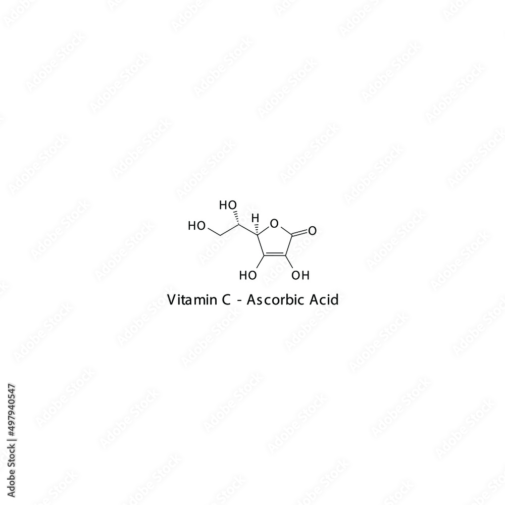 Vitamin C ascorbic acid Skeletal structure and molecular formula. Organic biomolecule, isolated vector illustration