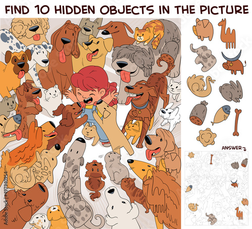 Girl hugging her pets. Find 10 hidden objects in the picture. Puzzle Hidden Items. Funny cartoon character. Vector illustration. Set
