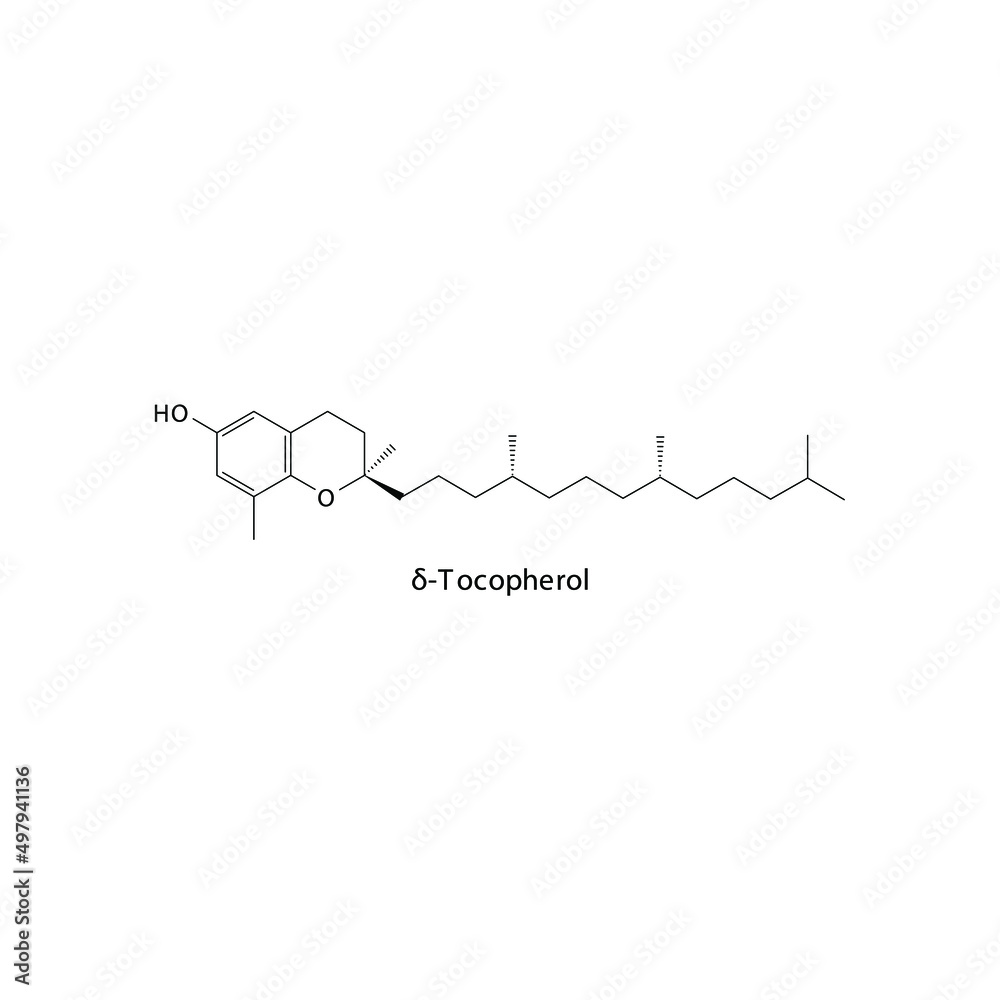 δ Delta Tocopherol Skeletal structure and molecular formula. Organic biomolecule, isolated vector illustration